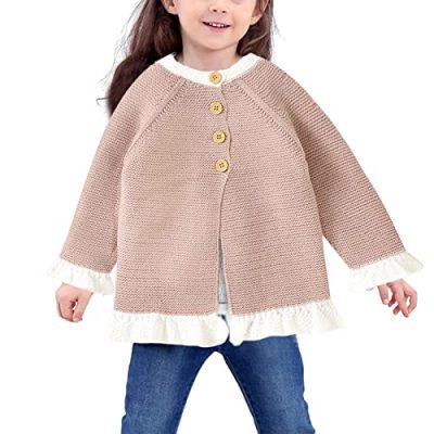 Qiraoxy Baby Girl Cardigans Sweater Toddler Knitted Cardigans Jackets Long Sleeve Ruffle Button Coats Outerwear Knitwear Top with Hat 2Pcs Fall Winter Outfits Pink
