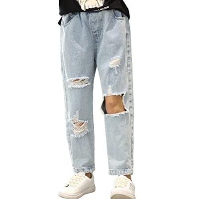 Rolanko Girls Ripped Baggy Jeans, Elastic Waist Straight Leg Vintage Distressed Denim Pants for Kids, Blue Hole, Size:140