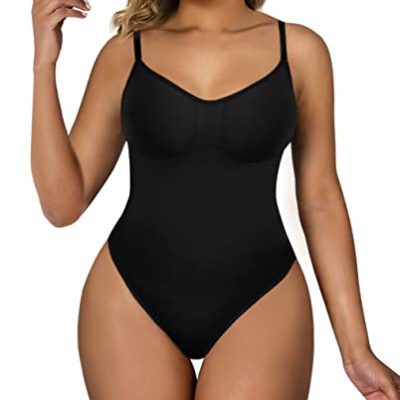 SHAPERX Bodysuit for Women Tummy Control Shapewear Seamless Sculpting Thong Body Shaper, Black Brief, Small/Medium