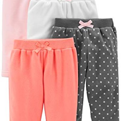 Simple Joys by Carter's Baby Girls' Fleece Trousers, Pack of 4, Charcoal Dots/Orange/Pink/White, 18 Months