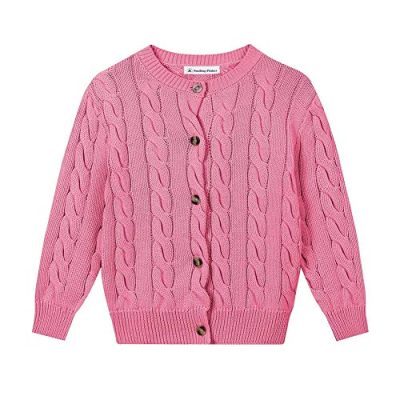 SMILING PINKER Little Girls Boys Aran Cardigan Toddler Cable Knitted Crew Neck Button Up Chunky Sweater Jacket(Pink,2-3Years)