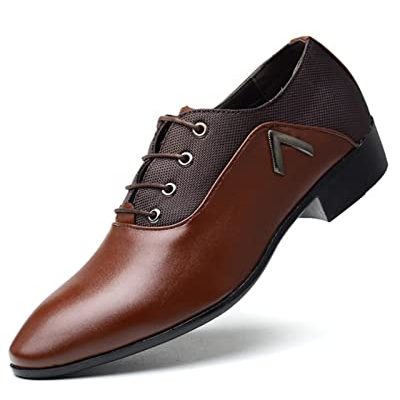 Sprifloral Mens Leather Lace-ups Oxfords Formal Dress Shoe Casual Pointed Toe Flats Classic Derbys Business Wedding Brogues Shoes Brown, 9 UK