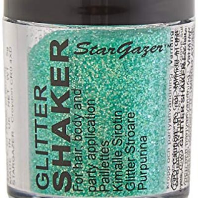 Stargazer Glitter Shaker, Green. Cosmetic glitter powder for use on the eyes, lips, face, body, hair and nails.