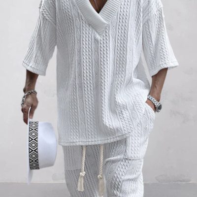 Stylish Knit Shirt Set Men-Two Piece Shorts Sets Knitted Half Sleeve V Neck Tops