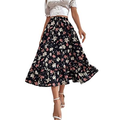 Summer Women's High Waist Boho Floral Print Pleated Maxi Skirt Casual Flowy Swing A Line Chiffon Beach Long Skirts (Black, Medium)