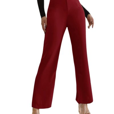 SweatyRocks Womens Elegant High Waist Solid Long Pants Office Trousers Burgundy