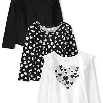 The Children's Place Baby Girls' and Toddler Long Sleeve Fashion Shirt, Black/Black Hearts/White Heart 3 Pack, 5 Years (Pack of 3)
