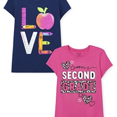 The Children's Place Girls Short Sleeve Graphic T-Shirt 2-Pack, Second Grade/School Supplies, Small