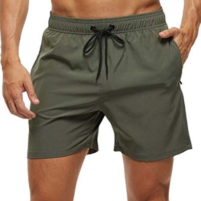 Tyhengta Men's Swim Trunks Quick Dry Beach Shorts with Zipper Pockets and Mesh Lining, Army-green, 32A