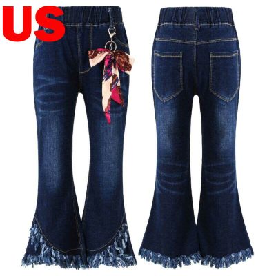 US Girls High Waisted Jeans Bell Bottom Flare Denim Pants Waistband Trousers
