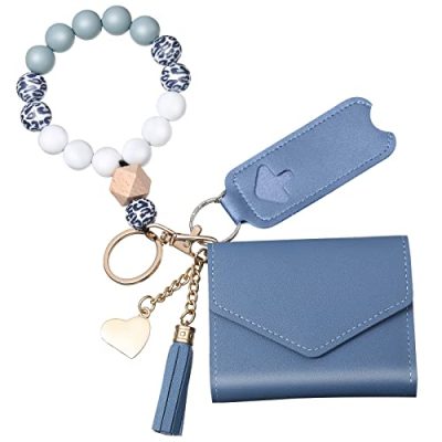 Weewooday Wristlet Bracelet Keychain with Wallet Silicone Beaded Keychain Leather Keychain Lipstick Holder Sleeves (Sky Blue)