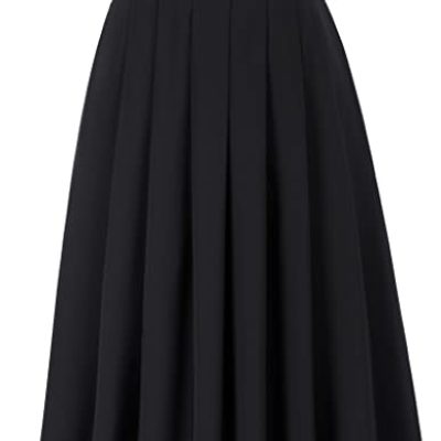 Women's Black Pleated Skirt Long Plus Size Elastic Midi Skater Skirt with Pockets Flared Swing 16 Plus