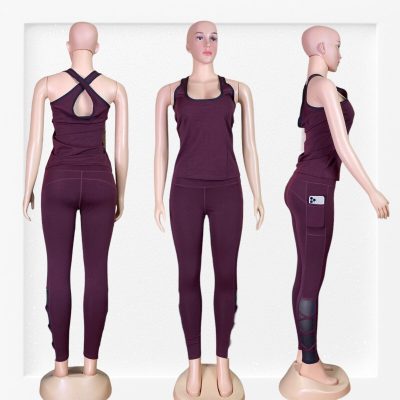 Women's High Waist Yoga Leggings Cross Back Top Gym Clothes Set Fitness Sport