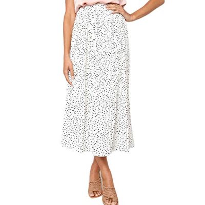 Women’s Vintage High Waist Polka Dot Printed High Elastic Waist Pleated Skirt Midi Swing Skirt with Pocket, White, Small