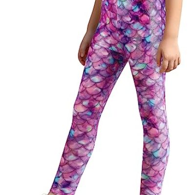 XiaoMoSha Girls Leggings, 1 Pack Stretchy Slim Breathable Soft Gymnastics Full Length Tights Pants, with Various Cute Pattern, PurpleMermaid, 9-10Years