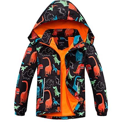 YoungSoul Boys Dinosaur Waterproof Jacket Printed Kids Fleece Lined Outdoor Raincoat Black Orange UK:3-4 Years (manufacturers's Size: 110)