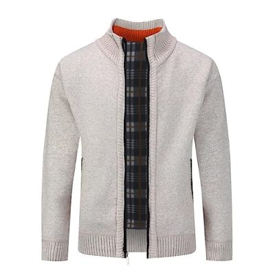 YOUTHUP Mens Fleece Cardigan Winter Solid Color Knitted Jacket Thick Warm Sweater, Beige, S