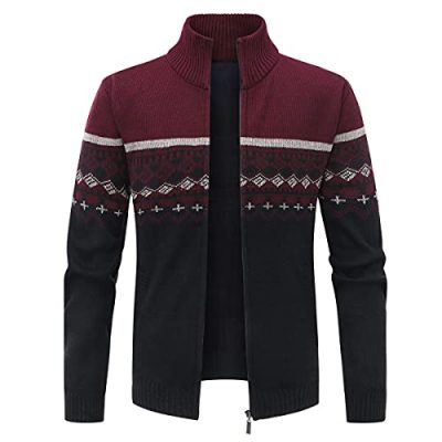 YOUTHUP Mens Knitted Cardigan Fleece Lining Sweater Pattern Knitwear Jumper Thick Winter Coat, WineRed, L